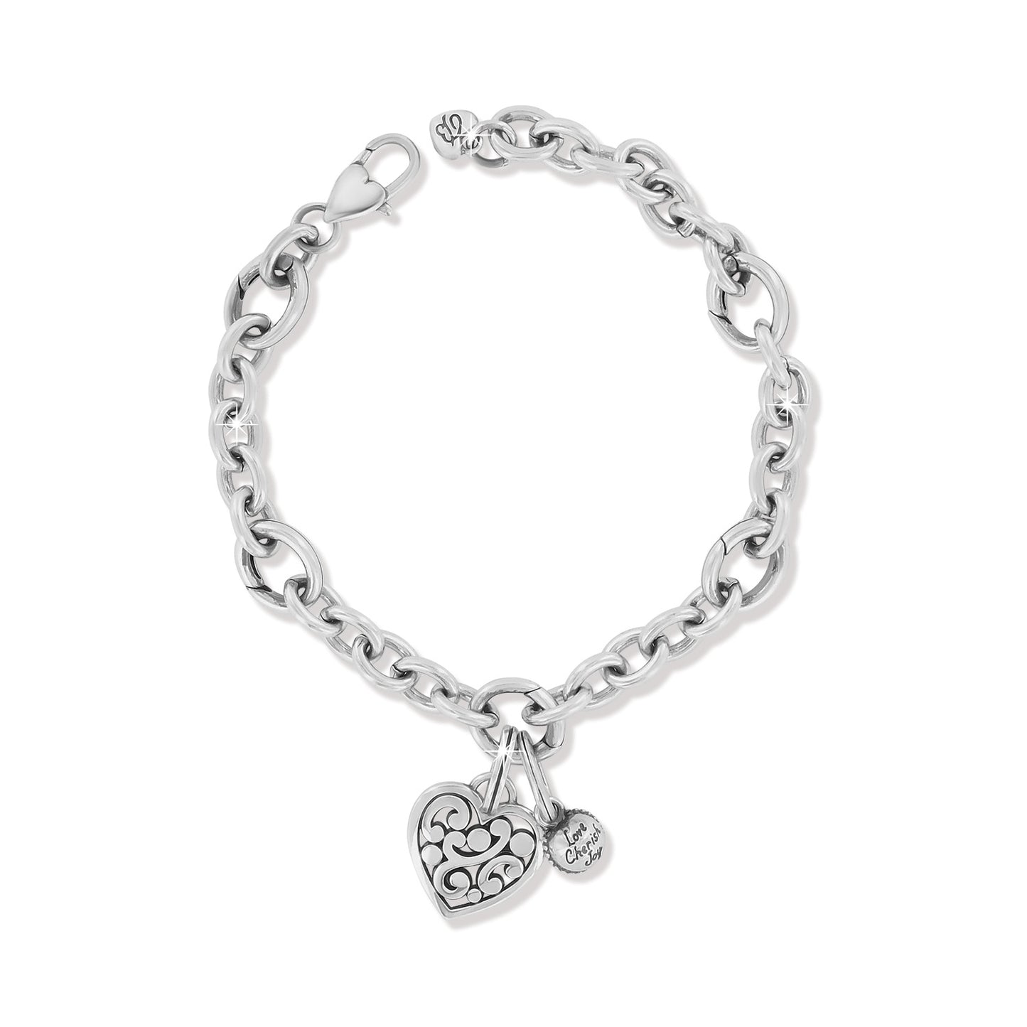 Brighton charm bracelet in silver-plated finish with ornate scroll heart and engraved heart charms on a white background