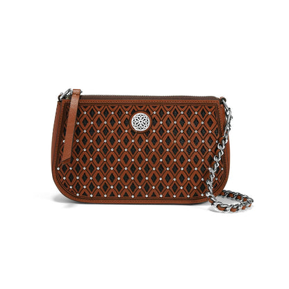 Brighton crossbody handbag in brown leather with diamond cutout pattern, silver studs, and chain strap on a white background