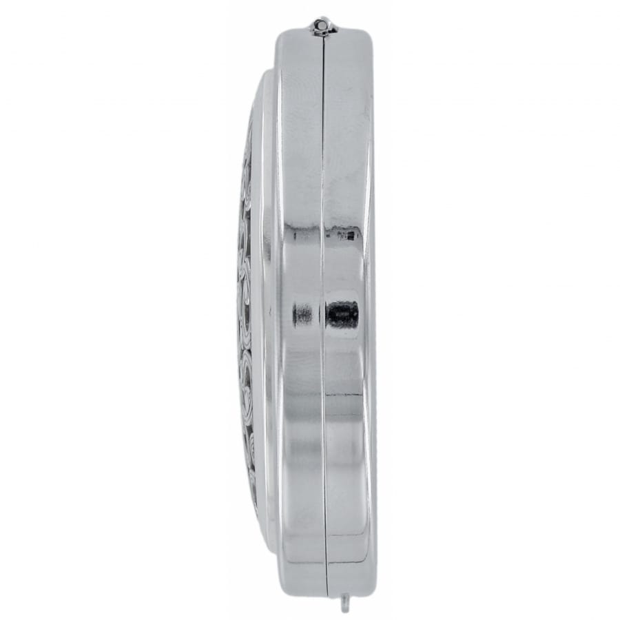 Brighton compact mirror shown from the side with polished silver-tone finish and hinged closure on a white background