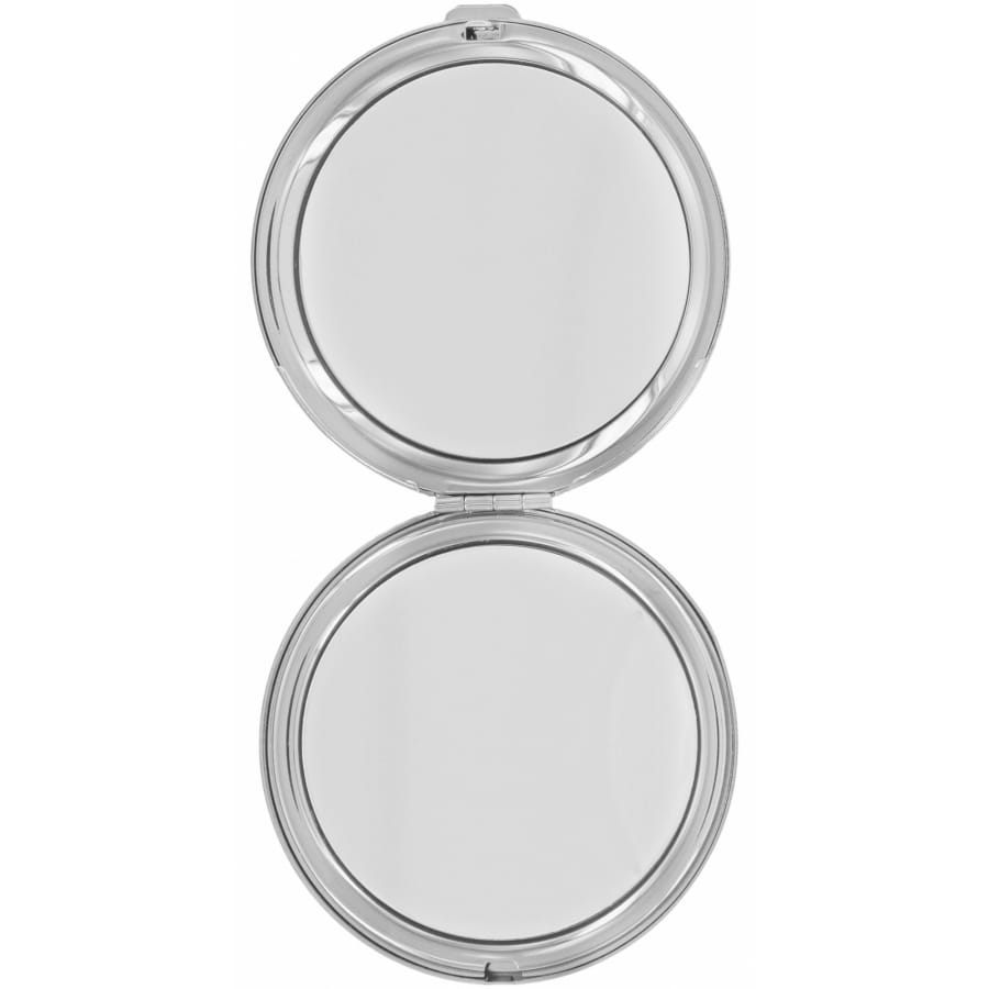 Brighton round compact mirror shown open with dual mirrors and silver-tone frame on a white background