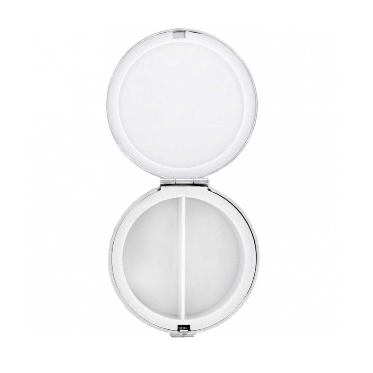 Brighton round pill case shown open with mirrored lid and two-compartment white interior on a white background