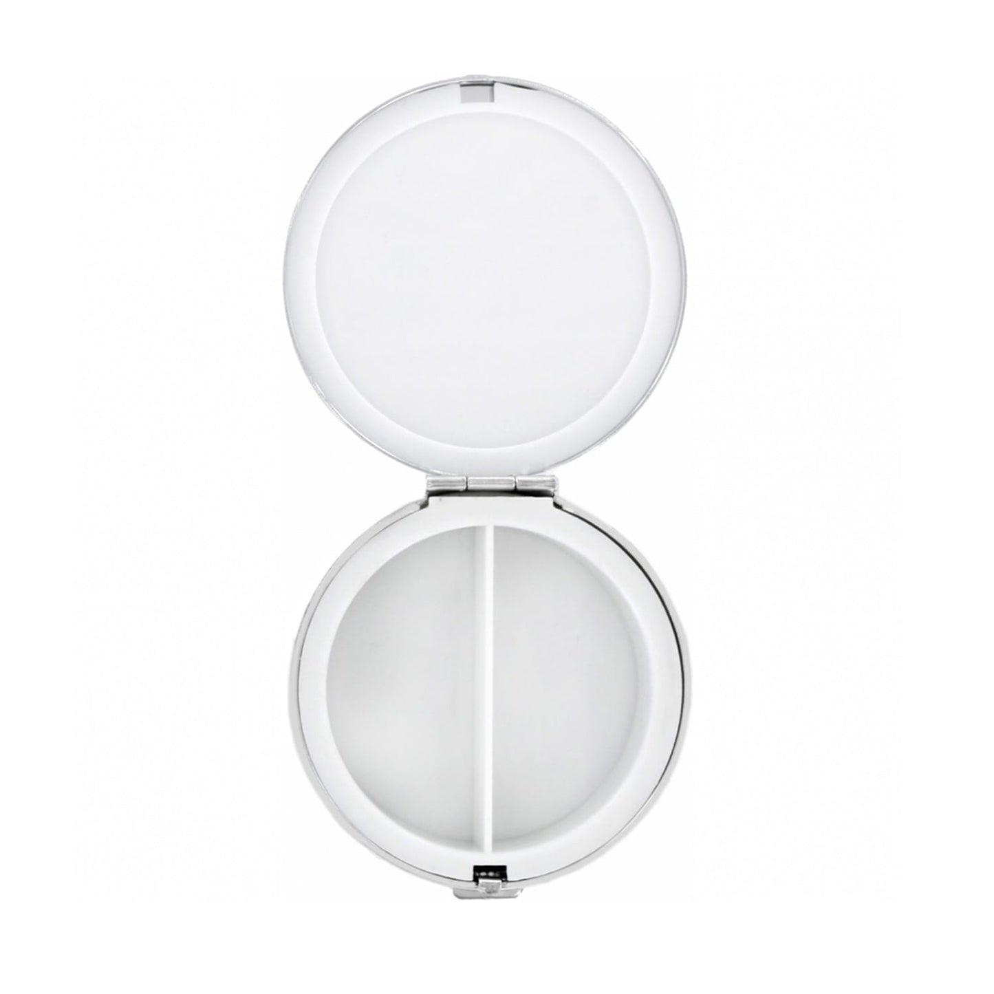 Brighton round pill case shown open with mirrored lid and two-compartment white interior on a white background