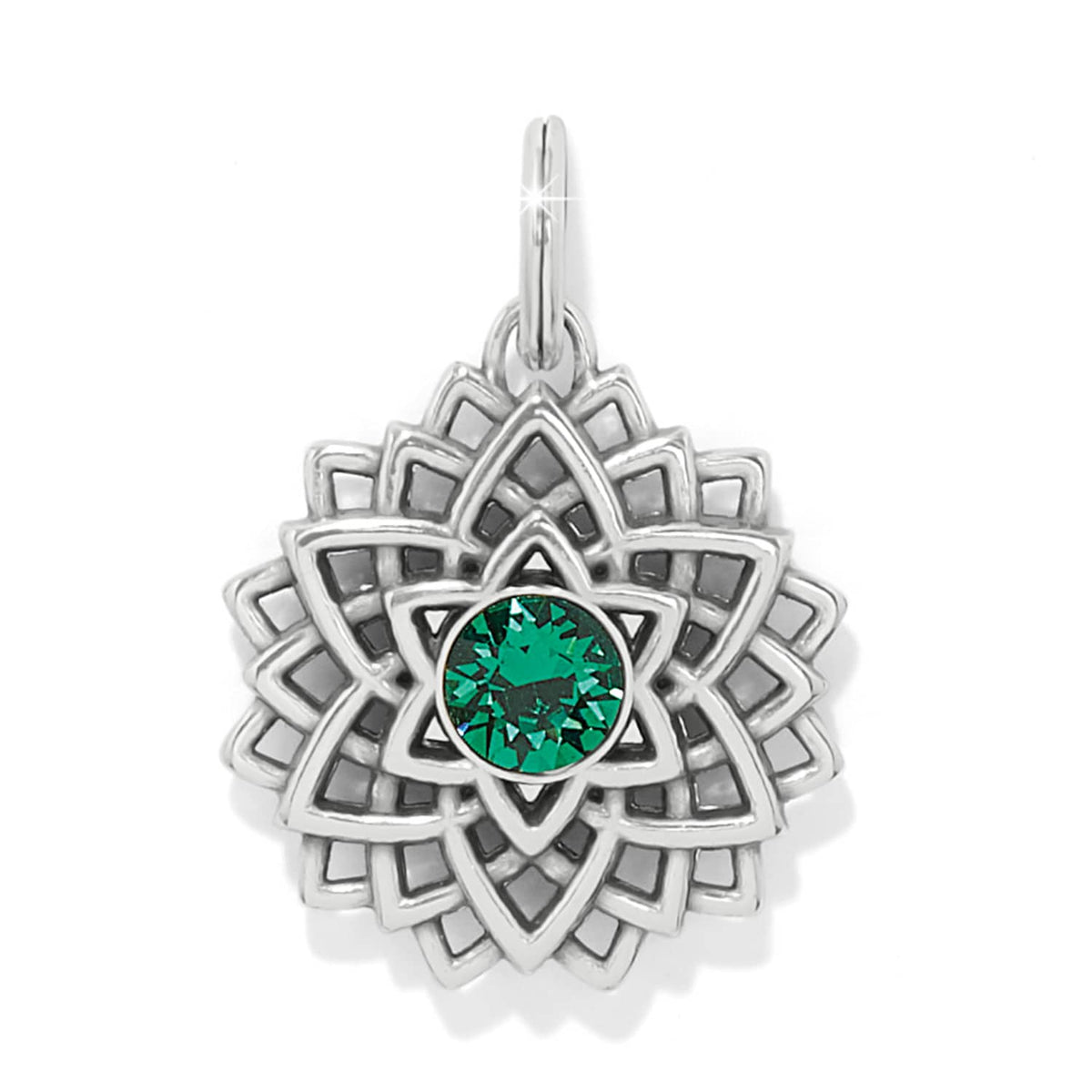 Brighton charm with silver-plated layered floral mandala design and green crystal center stone on a white background