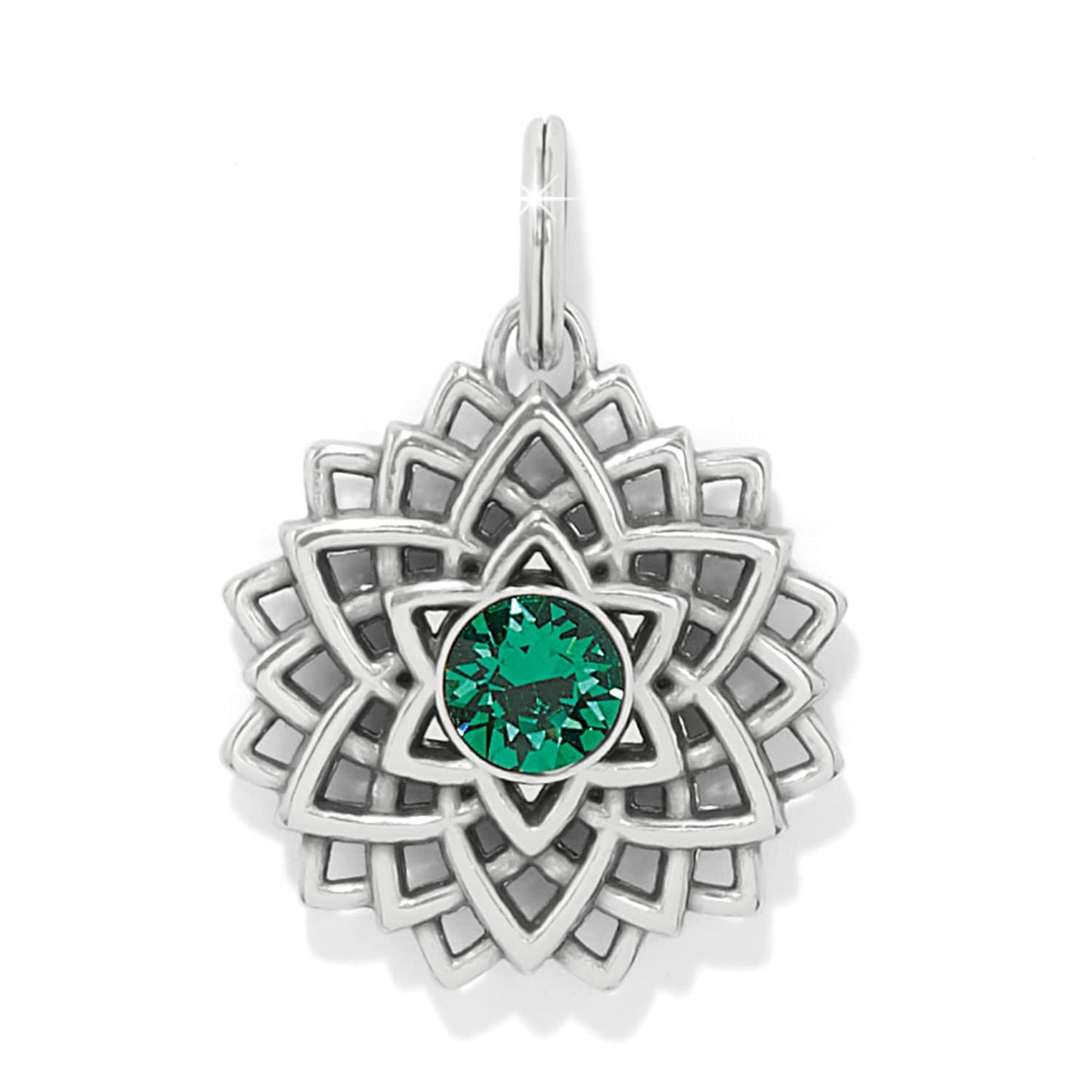 Brighton charm with silver-plated layered floral mandala design and green crystal center stone on a white background
