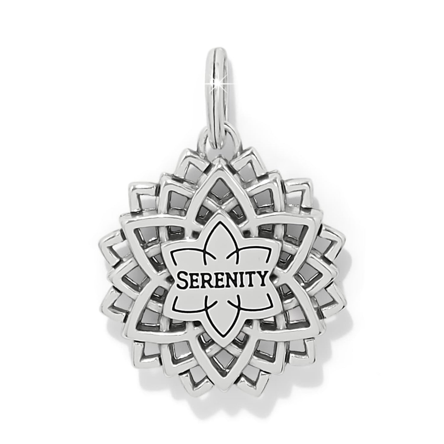 Brighton charm shown from the back with silver-plated lotus design and engraved Serenity inscription on a white background