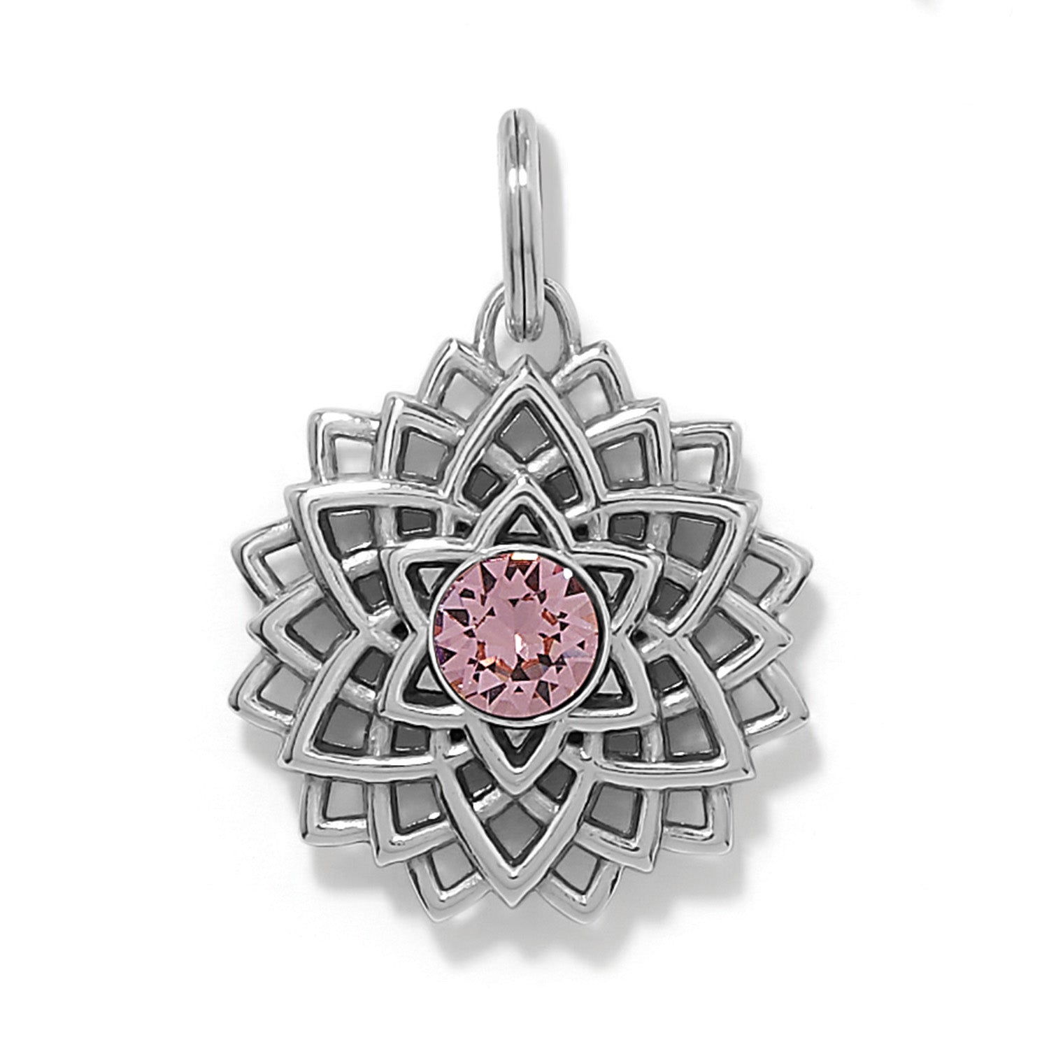 Brighton lotus flower charm with pink crystal center and silver-plated layered petal design on a white background