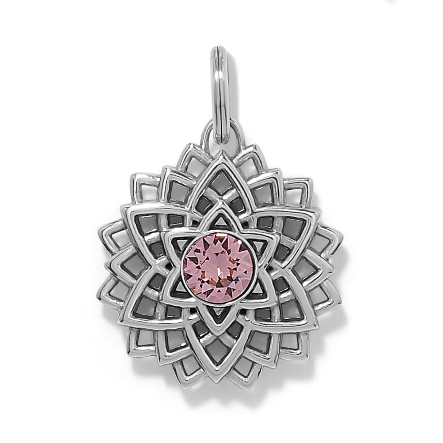 Brighton lotus flower charm with pink crystal center and silver-plated layered petal design on a white background