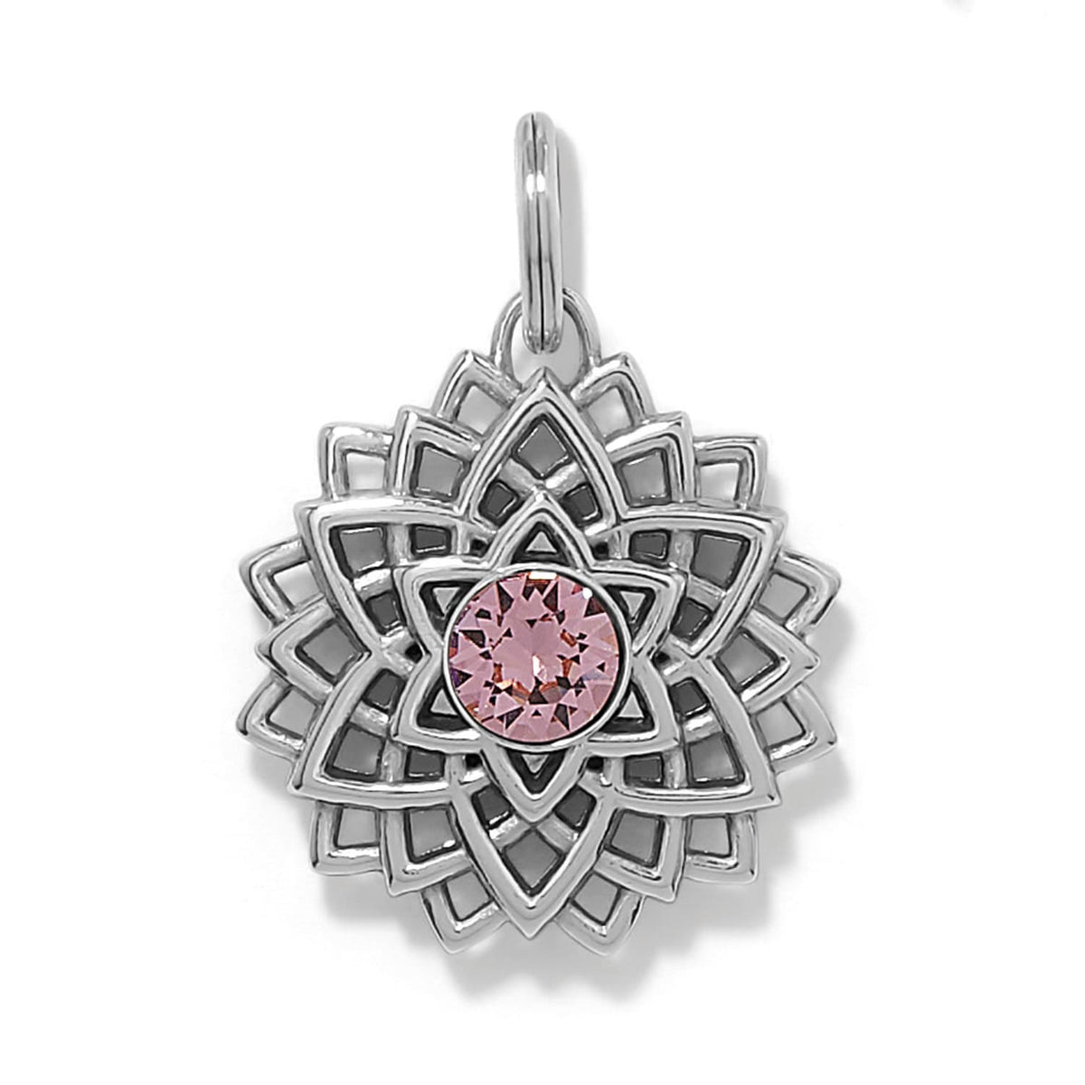 Brighton lotus flower charm with pink crystal center and silver-plated layered petal design on a white background