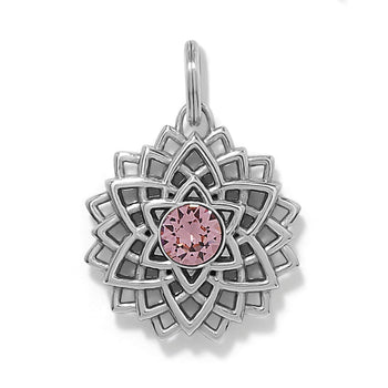 Brighton lotus flower charm with pink crystal center and silver-plated layered petal design on a white background