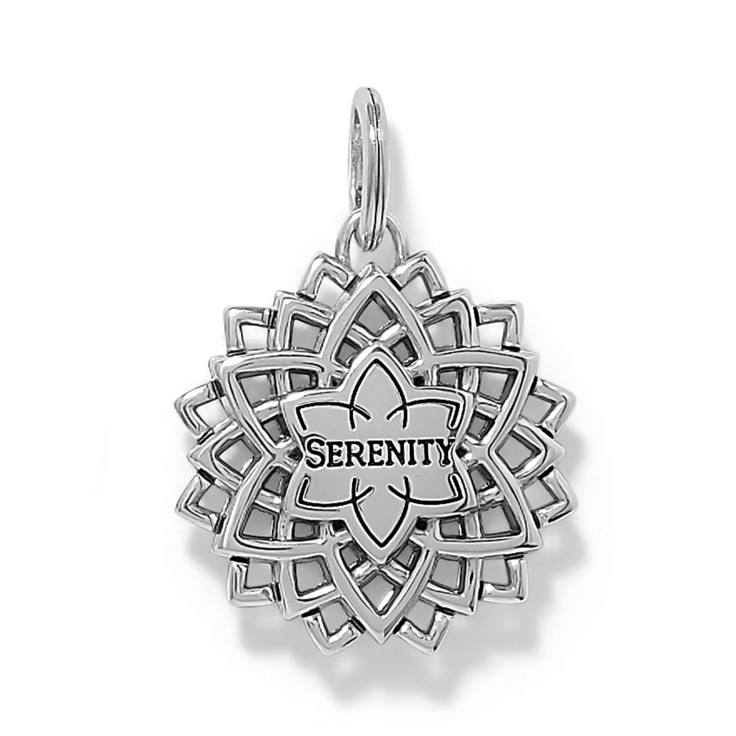 Brighton charm pendant with silver-plated lotus flower design and engraved Serenity inscription on a white background