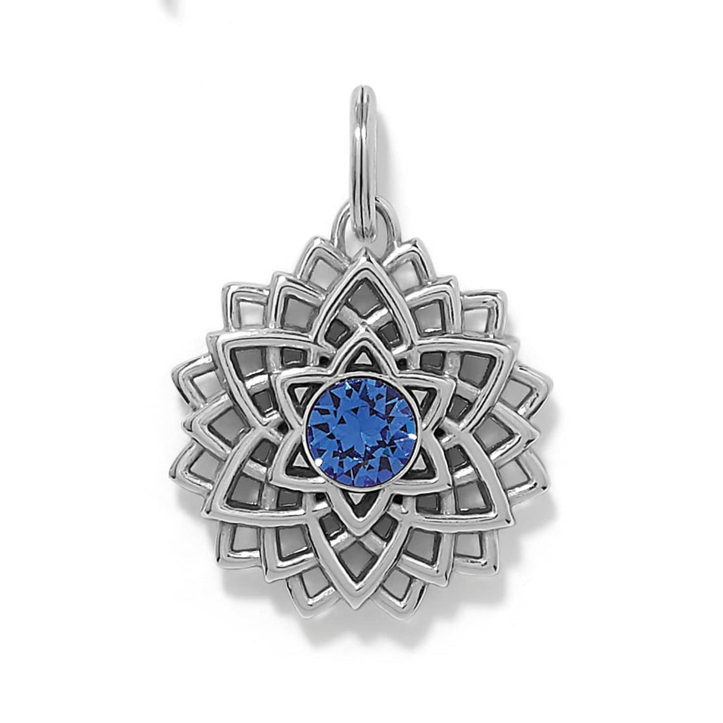 Brighton silver-plated lotus charm with blue crystal center and layered openwork petal design on a white background