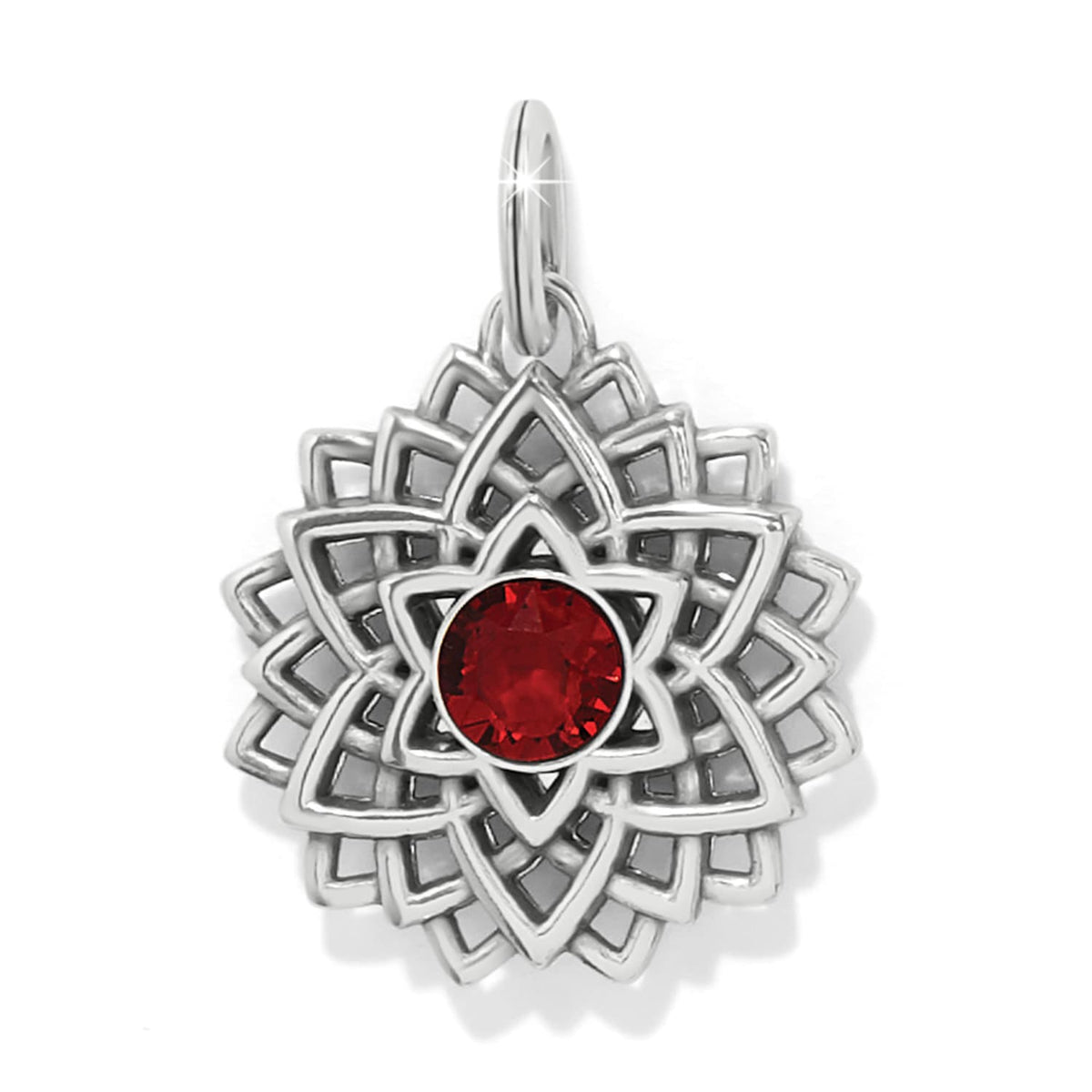 Brighton charm with silver-plated lotus design and red faceted crystal center on a white background