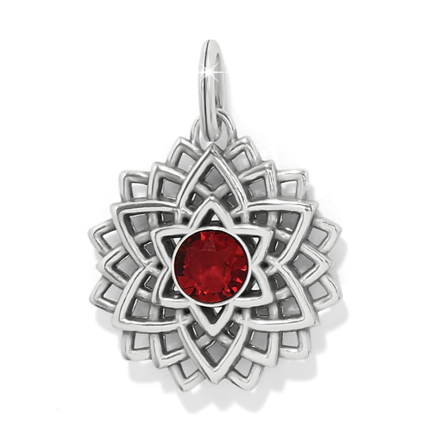 Brighton charm with silver-plated lotus design and red faceted crystal center on a white background