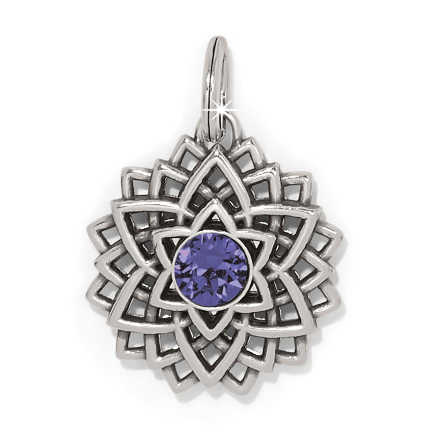 Brighton silver-plated lotus pendant charm with purple crystal center and openwork petal design on a white background