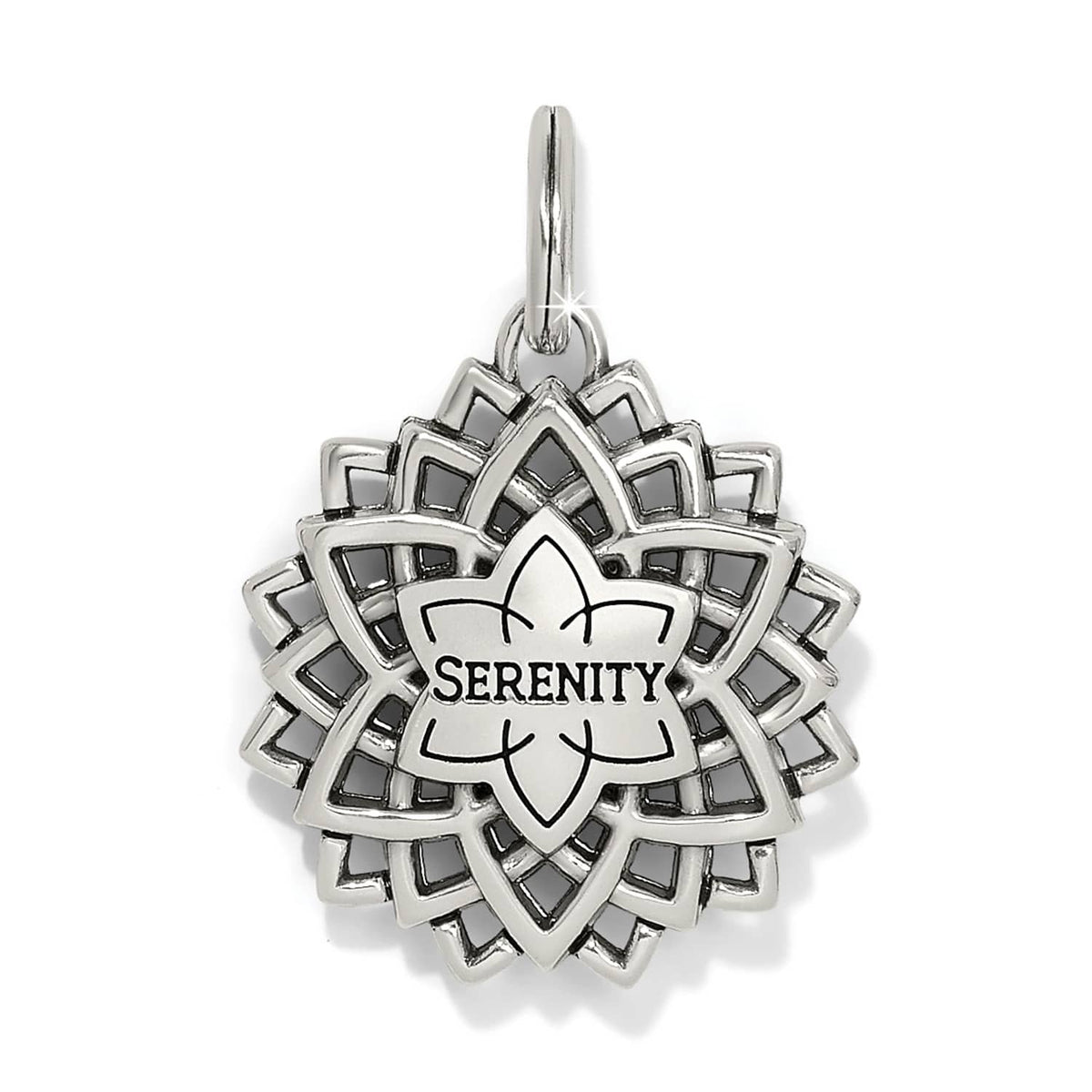 Brighton silver-plated lotus charm pendant with openwork mandala design and engraved Serenity center on a white background