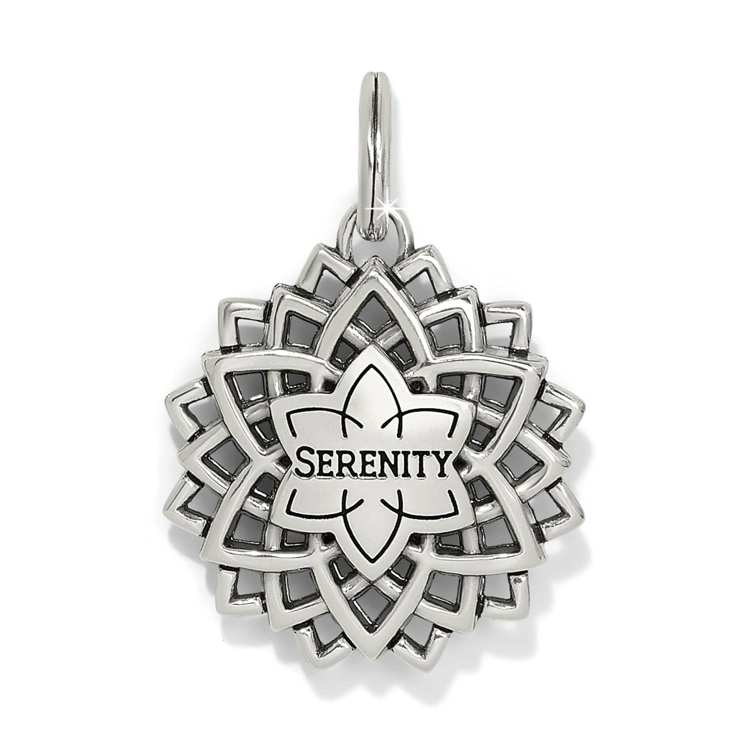 Brighton silver-plated lotus charm pendant with openwork mandala design and engraved Serenity center on a white background