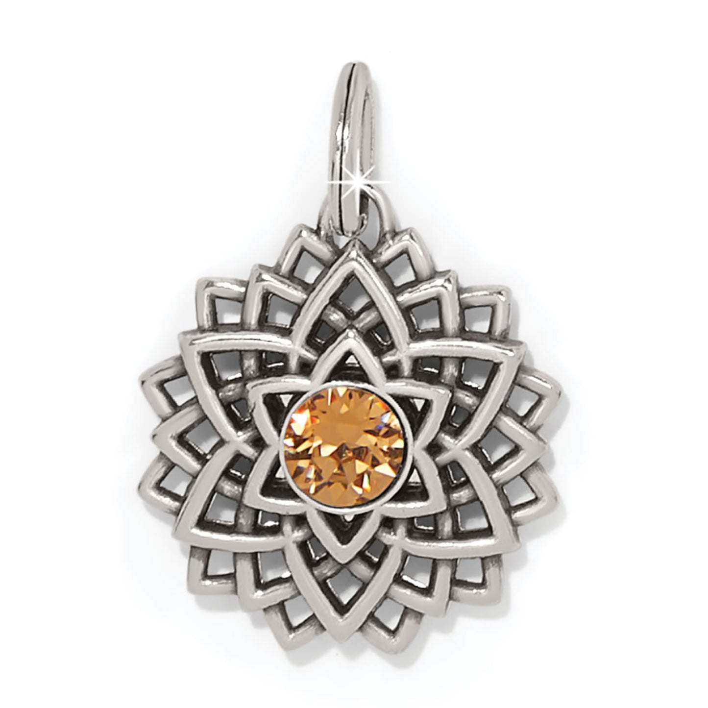 Brighton charm pendant with silver-plated openwork lotus design and amber crystal center on a white background