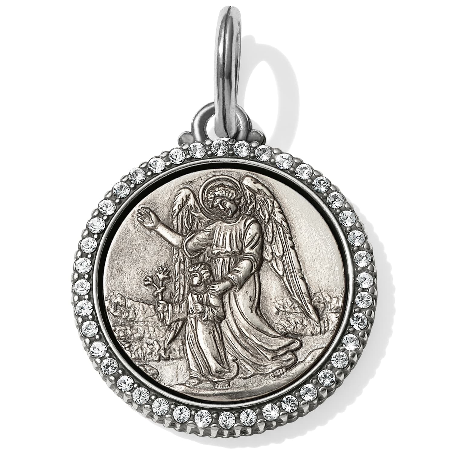 Brighton silver-plated round charm with embossed guardian angel design and crystal-set border on a white background
