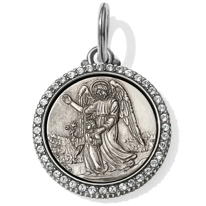 Brighton silver-plated round charm with embossed guardian angel design and crystal-set border on a white background