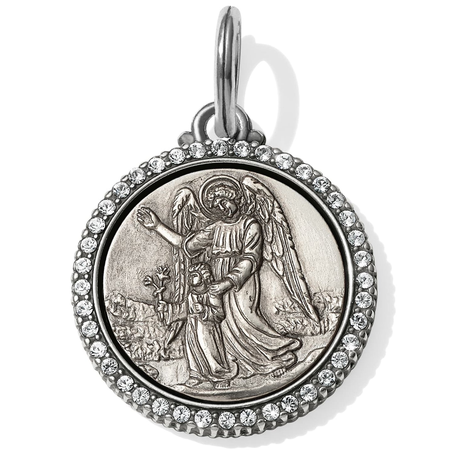 Brighton silver-plated round charm with embossed guardian angel design and crystal-set border on a white background