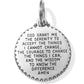 Brighton round charm pendant with engraved Serenity Prayer, beaded silver-plated edge, and split ring on a white background