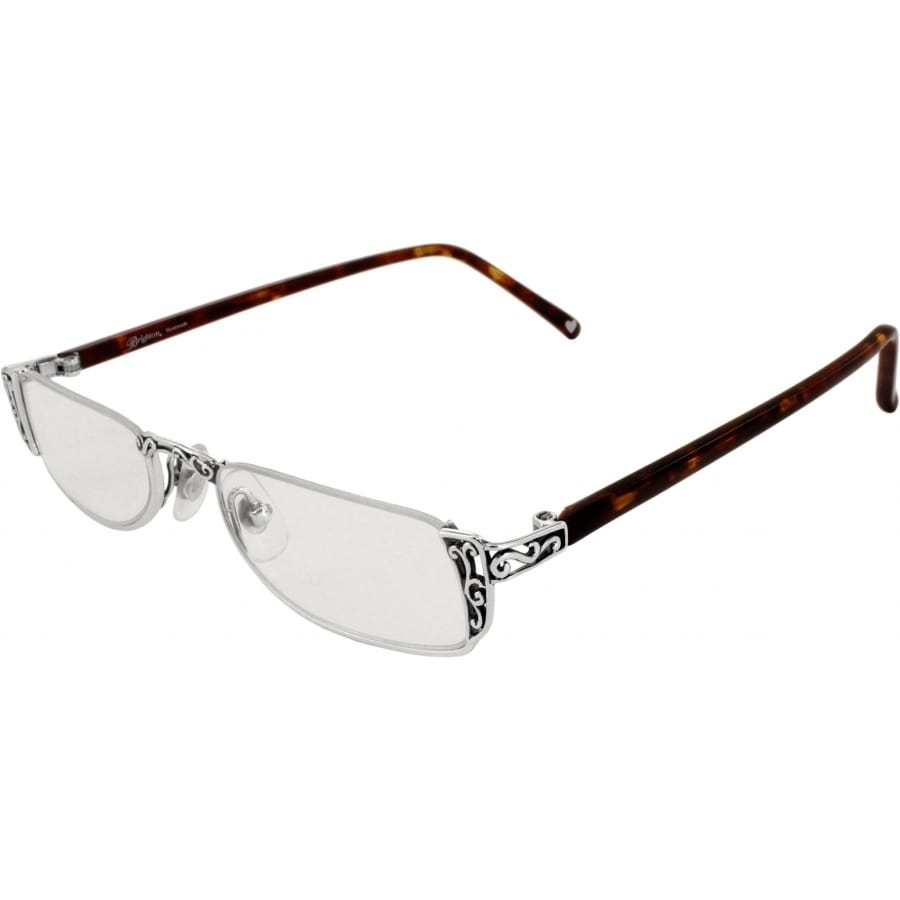 Brighton eyeglasses with silver-tone rectangular frames, scroll detailing, and tortoiseshell temples on a white background
