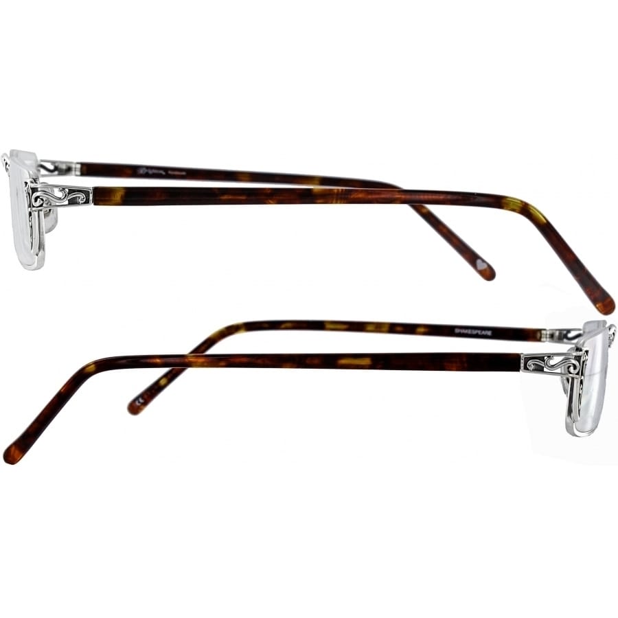 Brighton eyeglasses shown from both side views with tortoise temples and silver-tone scroll hinge accents on a white background