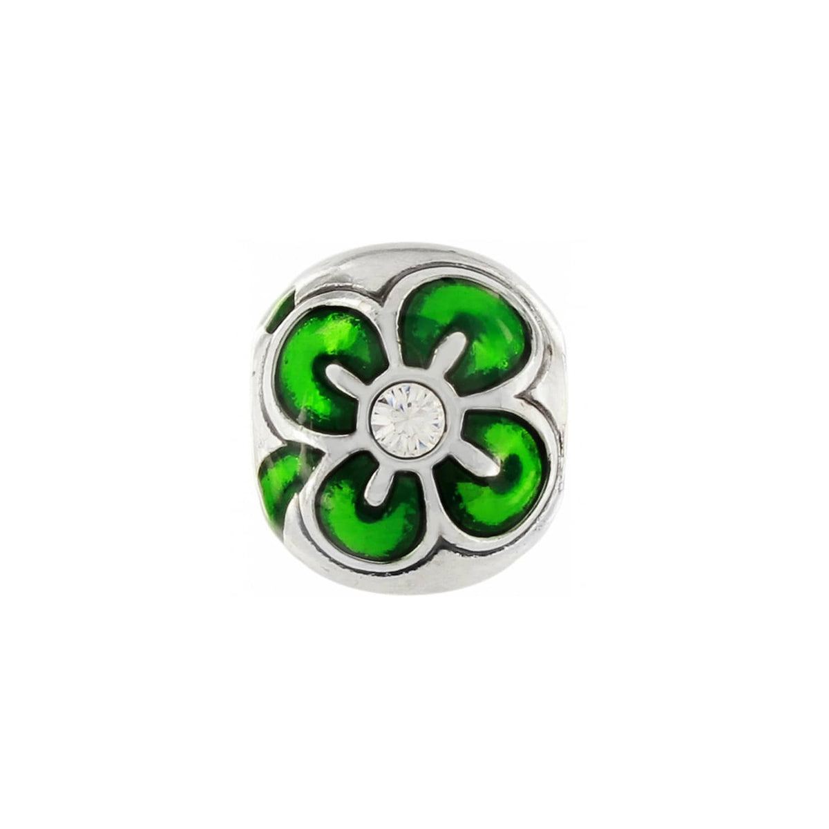Brighton charm bead with green enamel flower design, silver-plated finish, and center crystal accent on a white background