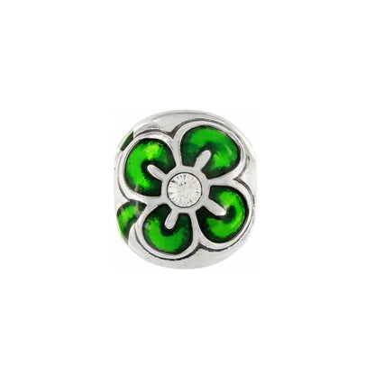 Brighton charm bead with green enamel flower design, silver-plated finish, and center crystal accent on a white background