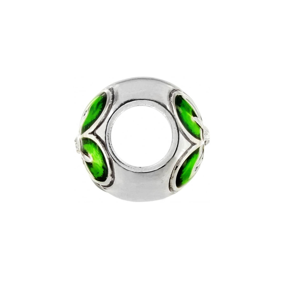 Brighton silver-plated charm bead with green enamel accents and openwork detail on a white background