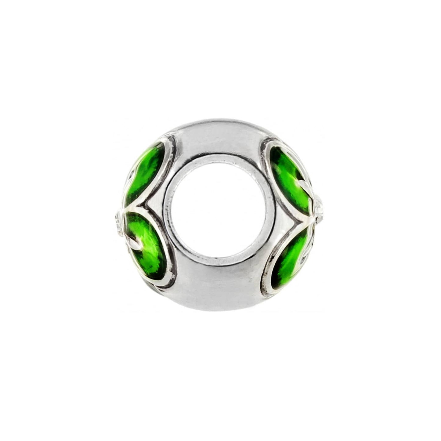 Brighton silver-plated charm bead with green enamel accents and openwork detail on a white background