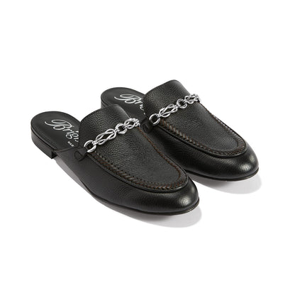 Brighton black pebbled leather mules with silver-tone chain link ornament and braided trim detail on a white background