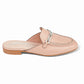 Brighton leather mules in blush pink with silver-tone chain detail and whipstitched trim on a white background