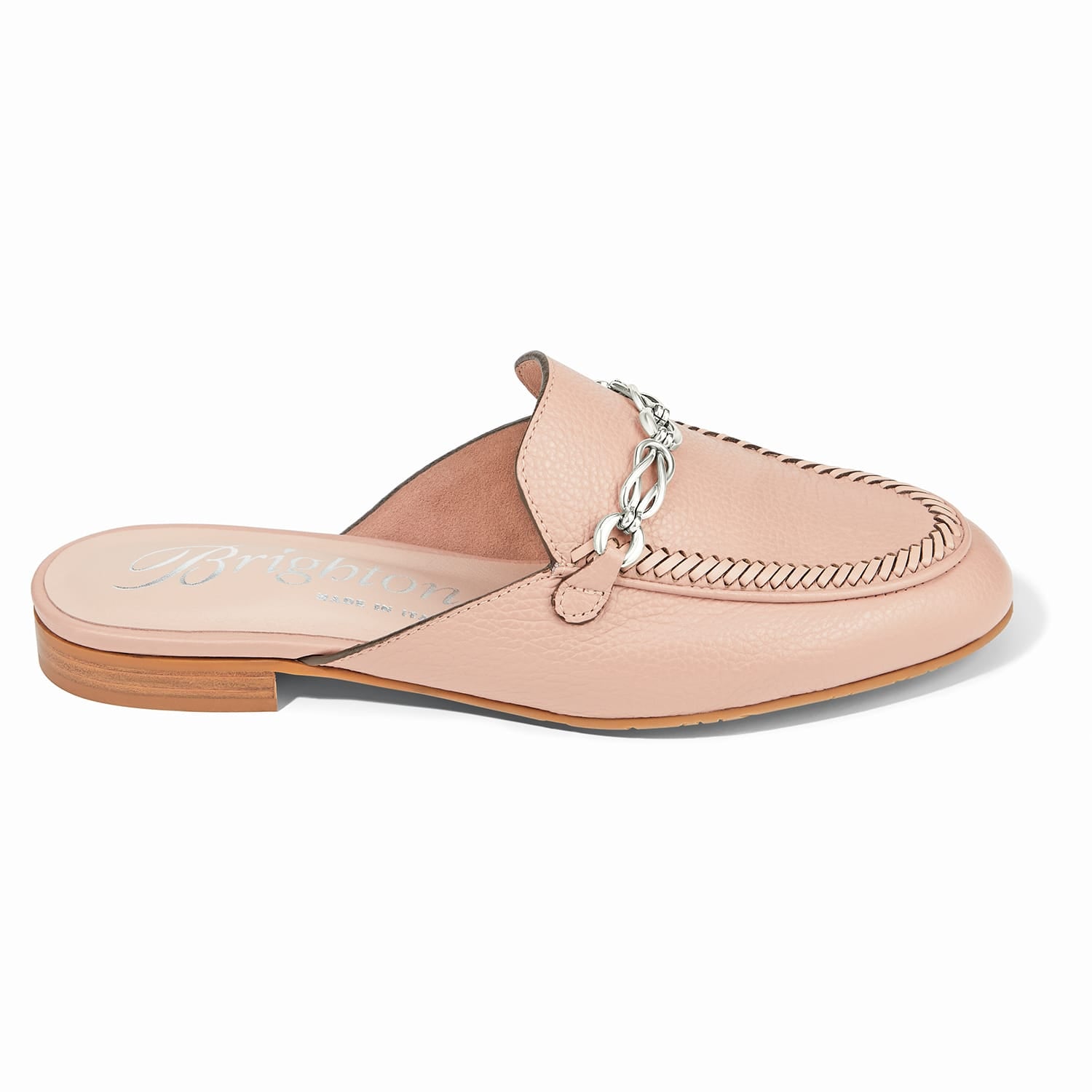 Brighton leather mules in blush pink with silver-tone chain detail and whipstitched trim on a white background