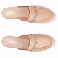 Brighton pink leather mule slides with silver-tone chain link detail and whipstitch trim on a white background