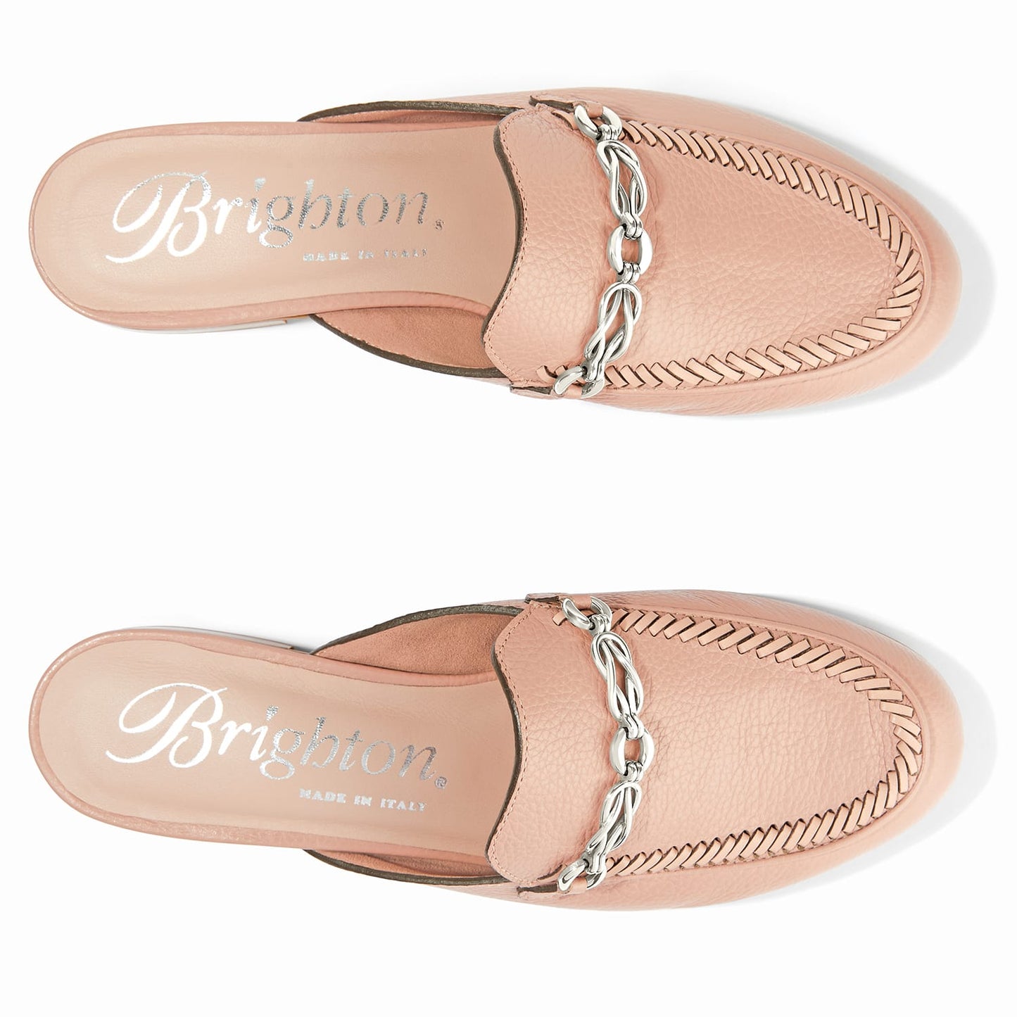 Brighton pink leather mule slides with silver-tone chain link detail and whipstitch trim on a white background