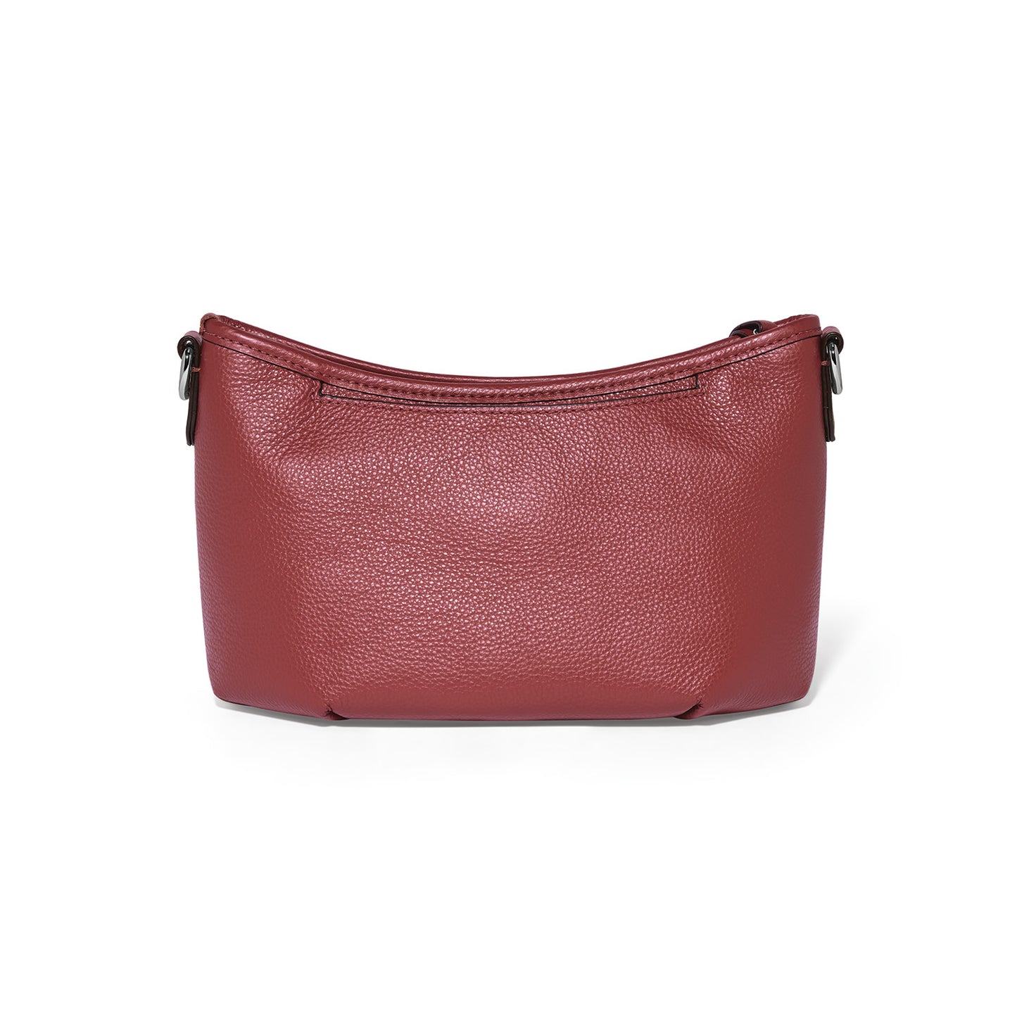 Brighton handbag shown from the back in burgundy pebbled leather with silver-tone strap hardware on a white background