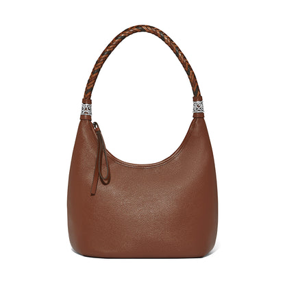 Brighton brown pebbled leather hobo handbag with braided shoulder strap and silver-tone scrollwork accents on a white background