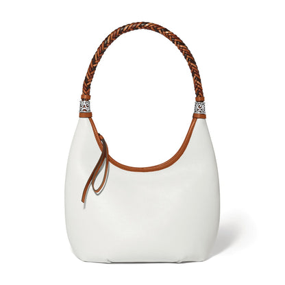 Brighton white leather shoulder handbag with braided brown leather handle and silver-tone scrollwork accents on a white background