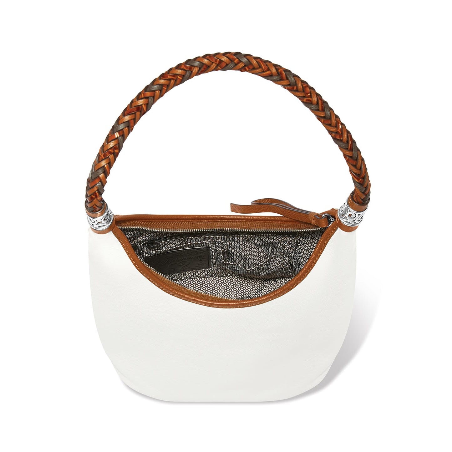 Brighton white leather handbag shown open with braided leather handle and patterned interior lining on a white background