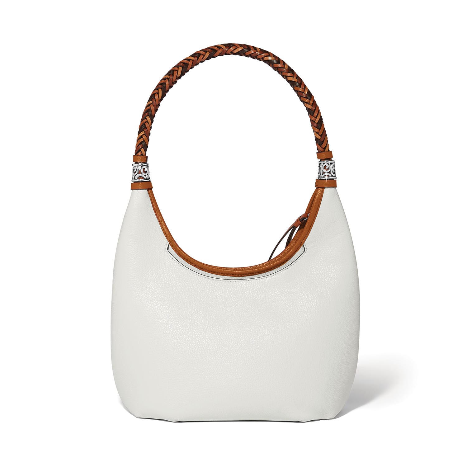 Brighton white pebbled leather hobo handbag with braided cognac strap and silver-tone scroll accents on a white background