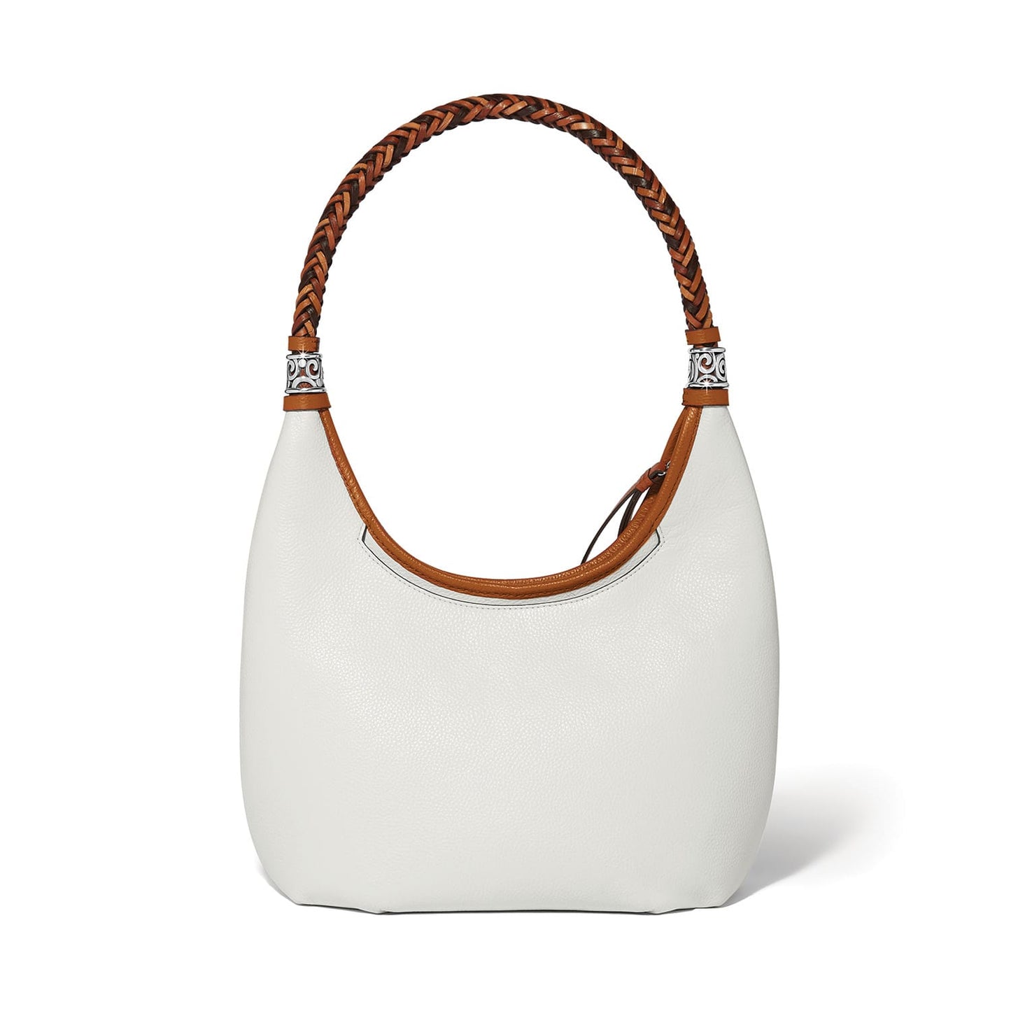 Brighton white pebbled leather hobo handbag with braided cognac strap and silver-tone scroll accents on a white background