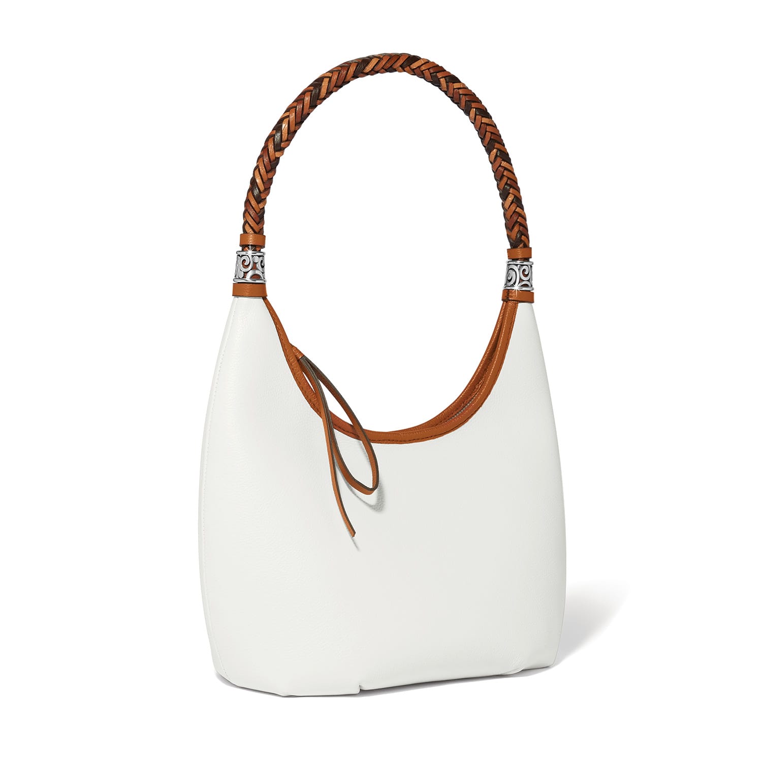 Brighton white handbag with braided brown leather strap and silver-tone scroll hardware accents on a white background