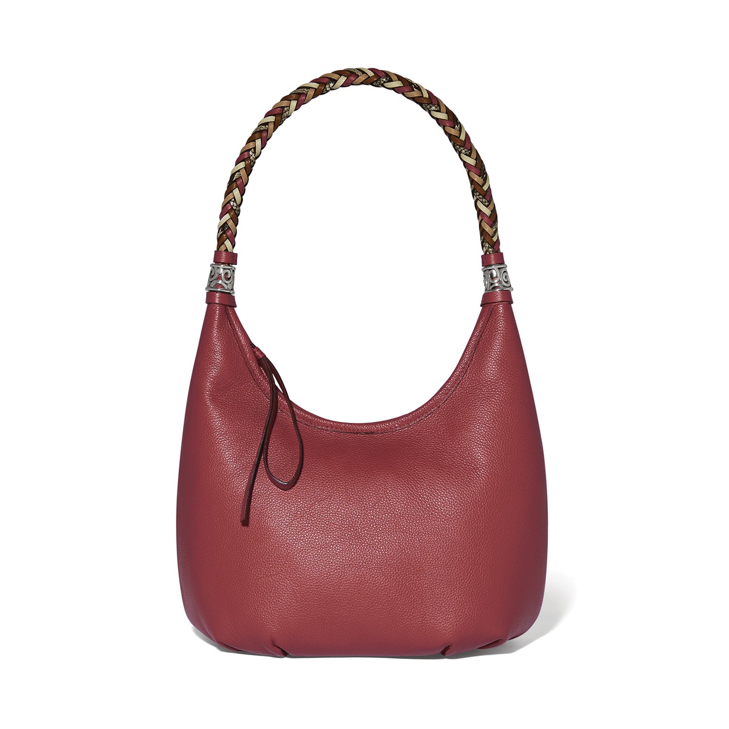Brighton burgundy leather hobo handbag with braided multicolor top handle and silver-tone ornate accents on a white background
