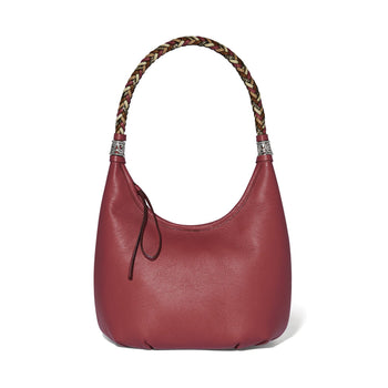 Brighton burgundy leather hobo handbag with braided multicolor top handle and silver-tone ornate accents on a white background