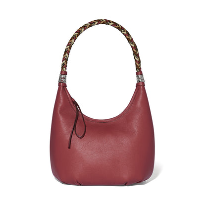 Brighton burgundy leather hobo handbag with braided multicolor top handle and silver-tone ornate accents on a white background