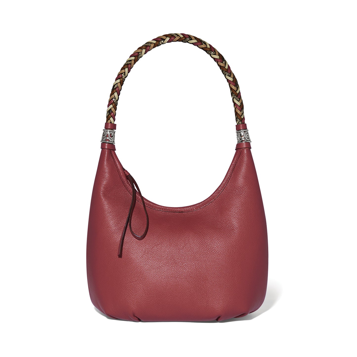 Brighton burgundy leather hobo handbag with braided multicolor top handle and silver-tone ornate accents on a white background
