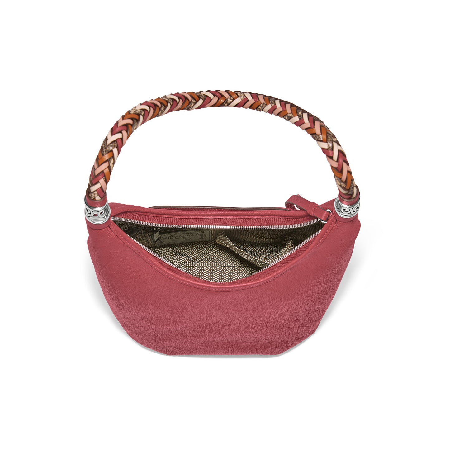 Brighton pink leather handbag shown open with braided multicolor handle and patterned interior lining on a white background