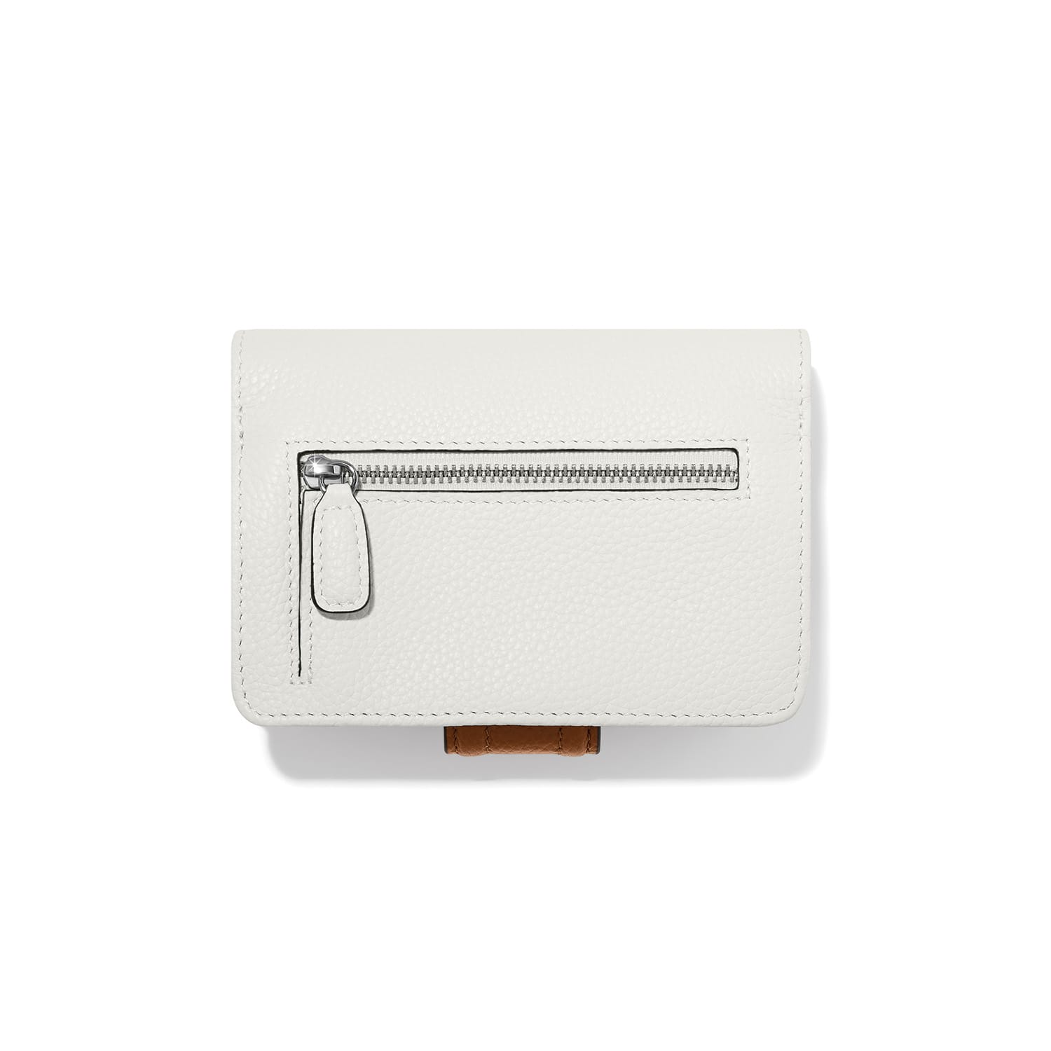 Brighton white pebbled leather wallet shown from the back with silver-tone zip pocket on a white background