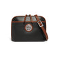 Brighton crossbody handbag in black and brown with silver-tone scroll medallion and adjustable strap on a white background